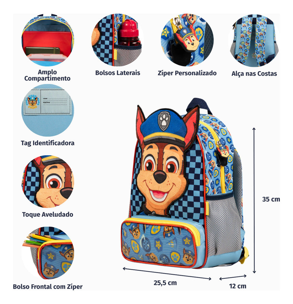 Mochila Escolar Masculina Infantil Patrulha Canina Chase Cor Azul