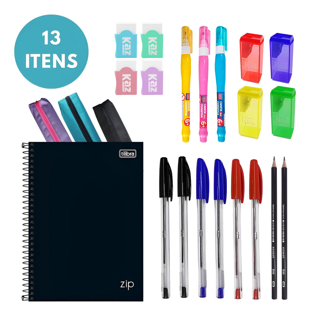 Kit Material Escolar Faculdade 13 Itens Papelaria Estudo