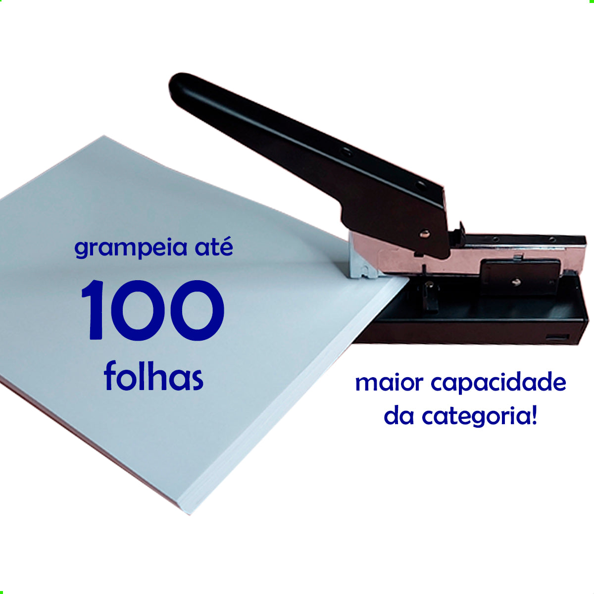 Grampeador Profissional 100 Folhas Reforçado Escritório Aço Com Grampo e Extrator