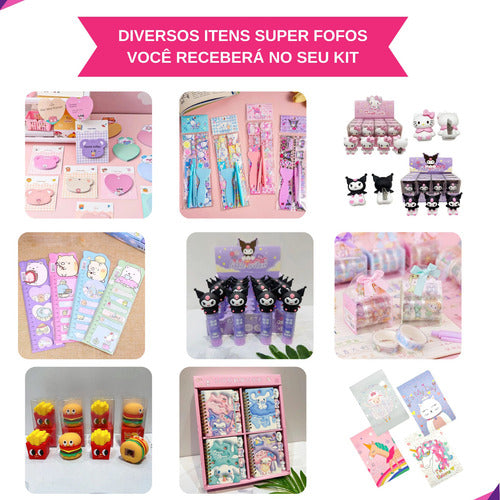 Kit 25 Itens Papelaria Fofa Kawaii Caixa Presente Criativo