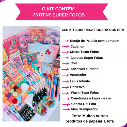 Kit 25 Itens Papelaria Fofa Kawaii Caixa Presente Criativo