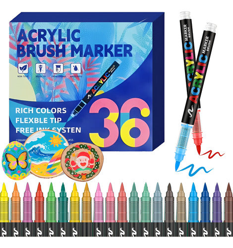 Kit  Canetas 36 Cores Pincel Acrílica Marcador  Papel Tinta