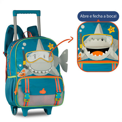 Mochila Rodinha Infantil Escolar Tubarão Interativo Meninos
